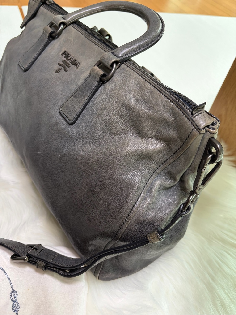 Authentic PRADA Vintage Gray Leather 2-Way Bag - Picture 7 of 13